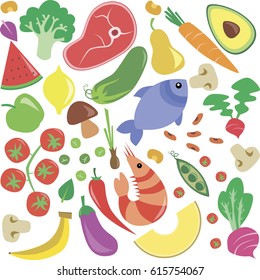 Vector Illustration Pattern Of Fruits, Vegetables, Meat and Seafood in Colorful Flat Cartoon Style.