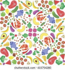 Vector Illustration Pattern Of Fruits, Vegetables, Meat and Seafood in Colorful Flat Cartoon Style.