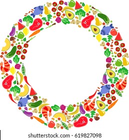 Vector Illustration Pattern Of Fruits, Vegetables, Meat and Seafood in Colorful Flat Cartoon Style in Shape / Frame of Circle