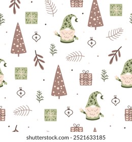 Vector illustration pattern of funny Christmas gnomes, trees, gifts, candles, garlands. Set, set of Christmas elements