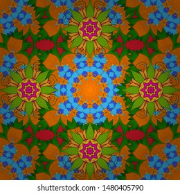 Vector illustration. Vector pattern. Gentle, spring floral on blue, orange and green colors. Exploding flowers abstractly placed.