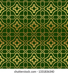 Vector Illustration. Pattern With Geometric Ornament, Decorative Border. Design For Print Fabric. Paper For Scrapbook, advert, poster, flyer background. Green, gold color.