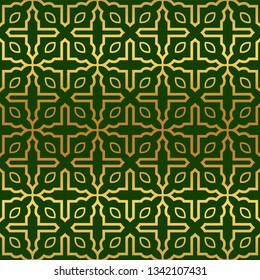 Vector Illustration. Pattern With Geometric Ornament, Decorative Border. Design For Print Fabric. Paper For Scrapbook, advert, poster, flyer background. Green, gold color.