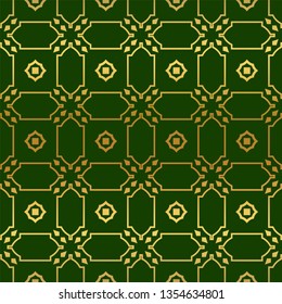 Vector Illustration. Pattern With Geometric Ornament, Decorative Border. Design For Print Fabric. Paper For Scrapbook, advert, poster, flyer background. Green, gold color.