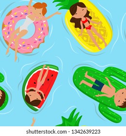 
vector illustration, pattern girls boys on air mattresses at sea