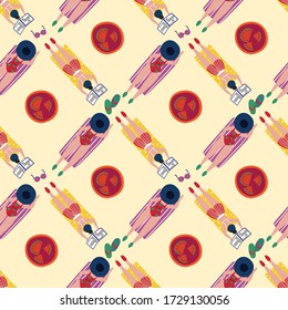 vector illustration pattern - girls on the beach in a bikini and with summer accessories sunbathe on sunbeds, sea sun summer