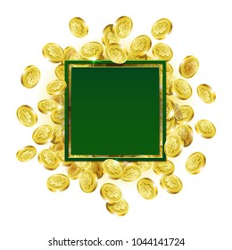 Vector illustration. Pattern, green square frame on background of scattered gold coins depicting shamrock - symbol of luck on St. Patrick's Day. Mock up for printing and creating designs