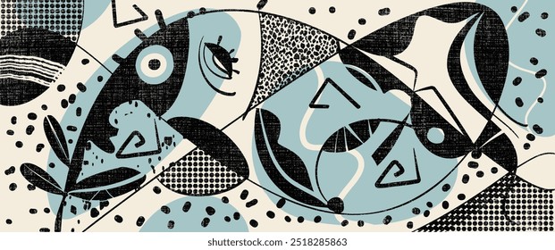 Padrão de ilustração vetorial, Mão desenho abstrato face, forma geométrica, desenho linha com textura, inspirado por Joan Miro. Padrão de design gráfico de arte moderna para moda, têxtil, fundo de cartaz