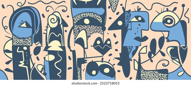 Padrão de ilustração vetorial, Mão desenho abstrato face, forma geométrica, desenho linha com textura, inspirado por Joan Miro. Padrão de design gráfico de arte moderna para moda, têxtil, fundo de cartaz