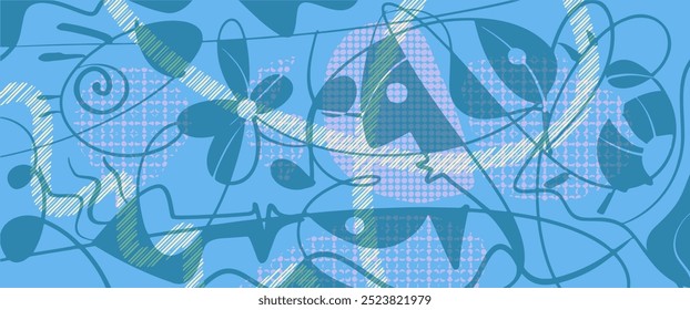 Padrão de ilustração vetorial, Mão desenho abstrato face, forma geométrica, linha de doodle com cor colorida, inspirado no estilo Joan Miro. Arte moderna design gráfico para pôster, papel de parede fundo