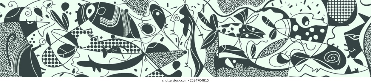 Padrão de ilustração vetorial, Mão desenho abstrato face, forma geométrica, desenho linha com textura, inspirado por Joan Miro. Padrão de design gráfico de arte moderna para moda, têxtil, fundo de cartaz