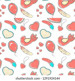 Vector illustration. Pattern of hand drawn hearts in doodle style.