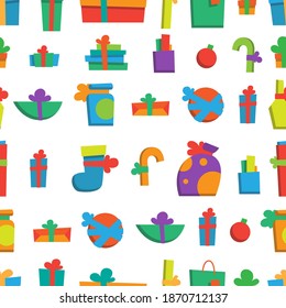 Vector illustration. Pattern for happy new year gifts and presents. Merry christmas gifts. Xmas pattern of colorful presents. Modern flat style. For your design, banner, poster, gift card.