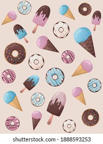 Vector illustration of pattern ice cream and sweet donuts