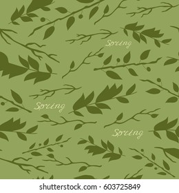 Vector illustration, pattern with image of leaves and branches and the inscription Spring on green background.