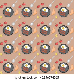 Vector illustration, pattern with the image of scrambled eggs and various breakfast additives