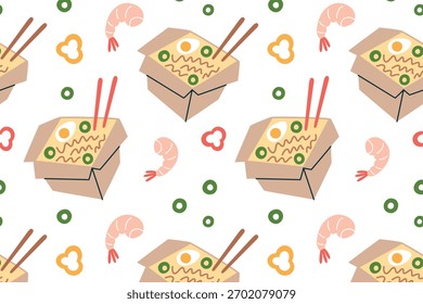 Padrão de ilustração vetorial com caixas de ramen instantâneas, macarrão asiático, camarão, pimenta e ingredientes mistos. Desenho plano desenho sem costura com comida de saque, pauzinhos, tema de comida de rua