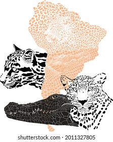 vector illustration with a pattern of jaguar and crocodile skin and with a map of the South American continent