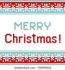 Vector illustration of pattern for knitting greeting card with text Merry Christmas and colorful borders 