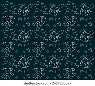 vector illustration pattern of marine life, starfish, cute ornamental fish, line art, deep sea background layout printable