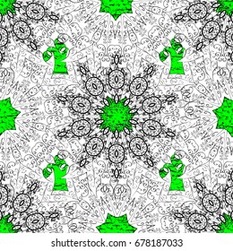 Vector illustration. Pattern medieval floral royal pattern. Good for greeting card for birthday, invitation or banner. Decorative symmetry arabesque. White on green and white background.
