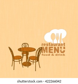 Vector illustration pattern for menu cover cloth, painted restaurant table and chair-shirts and hat chef.
