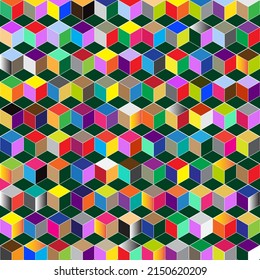 Vector illustration pattern of multicolored cube squares on green background for background.