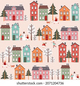 Vector illustration pattern. New Year and Christmas background. Houses, trees, snow and playing children.