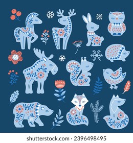 Vector illustration of pattern in Nordic style hygge. Set of hand drawn animals in Scandinavian style