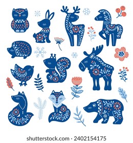 Vector illustration of pattern in Nordic style hygge. Set of hand drawn animals in Scandinavian style