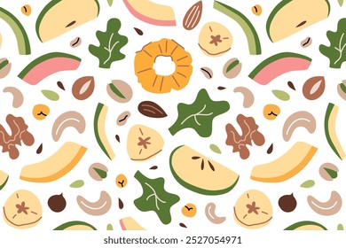 Vector illustration pattern with nuts, dried fruits, helthy snacks. Flat cartoon style with colorful doodle elements. Healthy food, vegan snack concepts, superfood print, isolated colored clipart