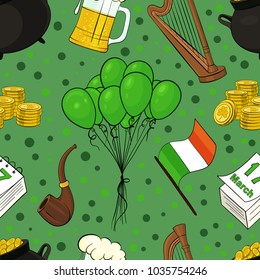 Vector illustration of pattern on the day of Saint Patrick. Set of stickers of shamrock, tall hat, harp, calendar, mug with beer, pot of gold, horseshoe, Ireland flag, balloons, smoking tobacco pipe