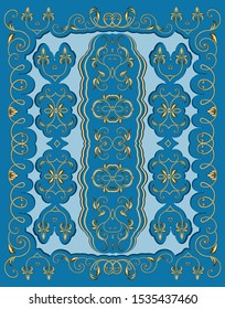 Vector illustration of a pattern on a rectangular carpet in blue with gold ornament