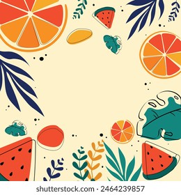 Ilustración vectorial de un patrón en un tema de verano, una Imagen de una sandía, una naranja, una palmera, hojas