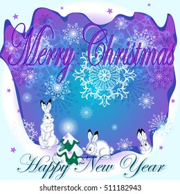 Vector illustration of a pattern of openwork snowflakes and three white hares near Christmas tree. Greeting card with Christmas and New Year.