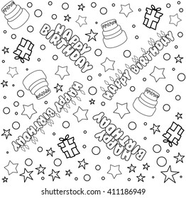 Vector illustration pattern of outline Happy Birthday text cake presents and stars.