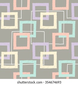 vector illustration pattern of pastel yellow, lila, pink and turquoise hand drawn squares, on gray background