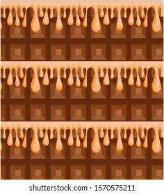 Vector illustration pattern piece chocolate with honey or caramel flowing over it. Concept chocolate products, confectionery. Can be used as background or separate element in printing, textiles, web.