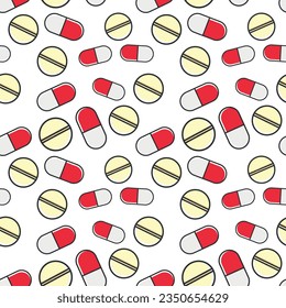 Vector illustration of pattern of pills and capsules. Medications and antibiotics.