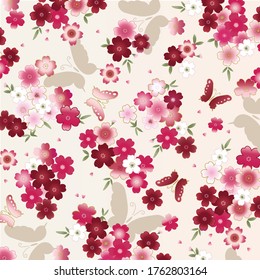 Vector illustration: pattern with pink flowers and butterflies on beige
