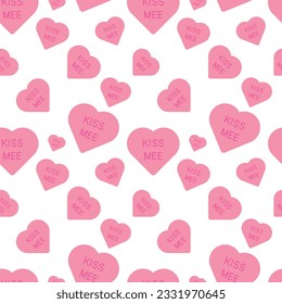 Vector illustration of pattern of pink hearts with the phrase kiss me. Kawaii love.