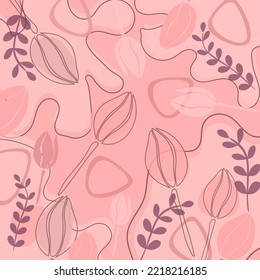 Ilustración vectorial. Patrón Tulipanes rosas, lilas, tonos pastel y rosa. Verano, estilo primavera. Diseño de postales, publicidad, floral, bodas
