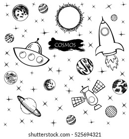 Vector illustration pattern with planets and stars on a white background. Space. 