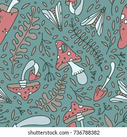 Vector illustration and pattern with plants, leaves, berries and insects.