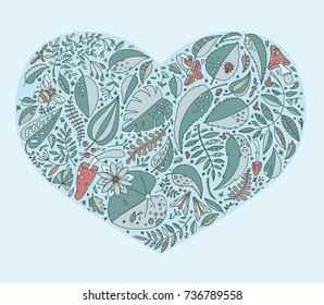 Vector illustration and pattern with plants, leaves, mushrooms and insects.