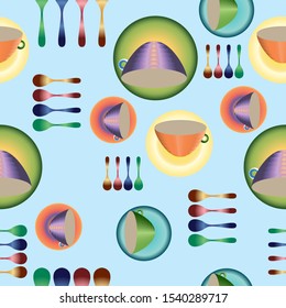 Vector illustration, pattern with plates, cups and spoons