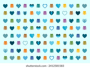 Vektorgrafik eines Musters von Geschenken und Herzen. Geschenkbox mit bunten Bändern. Blaue Herzen mit verschiedenen Mustern. Design für Hintergrundillustrationen, Umhüllungspapier usw.
