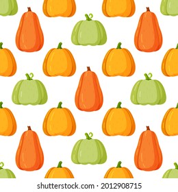Vector illustration of a pattern of pumpkins of different sizes and colors. Wrapping paper for the fall holiday.