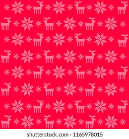 Vector illustration pattern with red background and white cross stitched snowflakes and reindeers