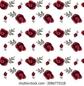 Vector illustration. Pattern with red roses and green leaves. Isolated, on a white background.
